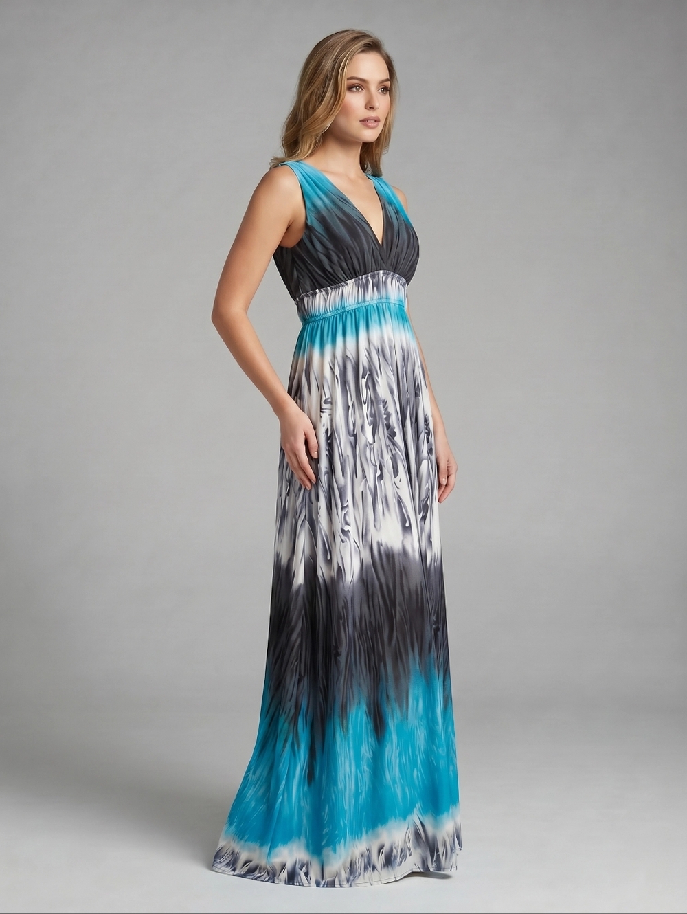 Women's Multicolor Blue/Gray/Black/White V-Neck Maxi Summer Beach Halter Dress🎀 - Picture 2 of 4